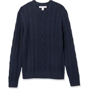 Amazon Essentials Mens Long-Sleeve 100% Cotton Fisherman Cable Crewneck Sweater (Large, Navy)