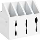 Farmlyn Creek Small Wooden Utensil Holder with 5 Slots for Fork, Knife, and Spoons, Silverware Holder for Countertop, Kitchen Organization, Home, RV, Camper, and Office (White, 7x5.25x6.5 in)