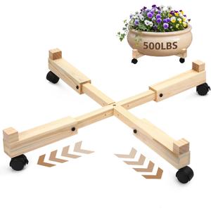 Novabright Adjustable Plant Stand with Wheels 21-30 Inch Heavy Duty Rolling Plant Dolly Wooden Caddy with 4 Lockable Caster Wheels for Outdoor Indoor Large Pots Planter