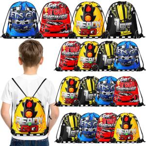 Ferraycle 32 Pcs Race Car Birthday Party Supplies Race Car Favor Bags Goodie Drawstring Bags for Gifts, 4 Styles