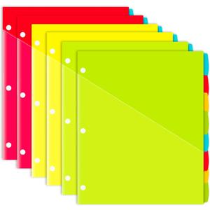 INFUN Plastic 8-Tab Binder Dividers with 2 Clear Pockets - 6 Sets, 48 pcs Multicolor Pocket Dividers with 3 Holes for 3 Ring Binders,Total 48 Tabs