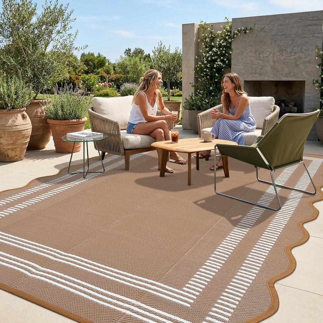 Garvee Waterproof Outdoor Rug 9x12, Scalloped Geometric Foldable Plastic Straw Patio Camping Rug, Outdoor RV Carpet for Deck Camper Porch Balcony Backyard Picnic Beach Brown and White