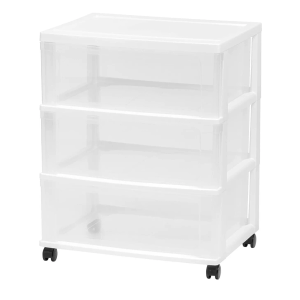 IRIS USA Plastic Drawer Storage Organizer Rolling Cart, with Wheels Casters, 3-Drawers, for Art Craft Supplies Bathroom Dorm Bedroom Laundry Room, Wide, White