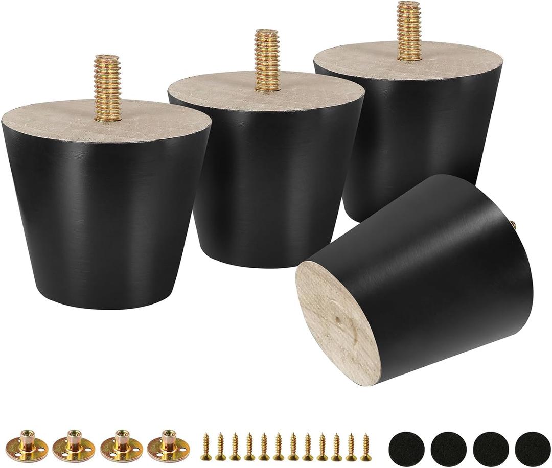 FoDau770 Black Rubber Wood Furniture Legs 2 Inches, Straight Tapered Wood Feet Mid Century Sofa Legs Set of 4, 5/16" UNC Furniture Feet for Cabinet Couch Dresser Chair Ottoman Table