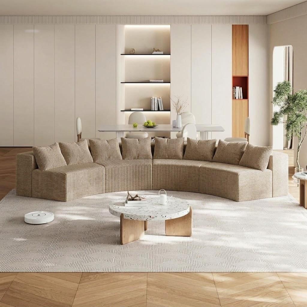KEIKI 4 Seat Corduroy Curved Sectional Sofa, Symmetrical Modular Semi Circular Couch, Deep Seat Tufted Corner Sofa for Living Room, Lobby, Beige