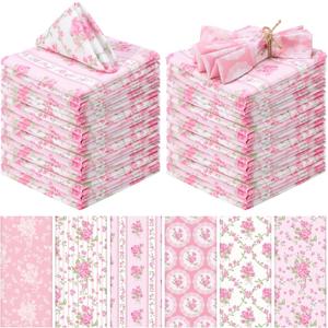 24 Pcs Floral Cloth Napkins 6 Patterns Washable Dinner Tea Party Napkins Reusable Plant Flowers Square Napkin Cotton Towel Decorative for Summer Wildflower Party(Pink Flowers)