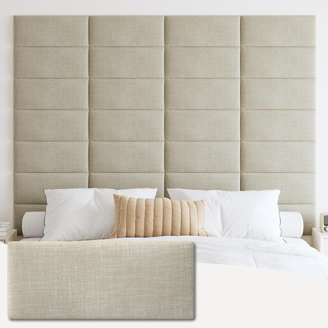 IFNOW Upholstered Wall Mounted Headboard, 3D Soundproof Wall Panels Peel and Stick for Queen Size, Reusable and Removable Tufted Bed Headboard in Beige (9 Panels, 10" x 24")