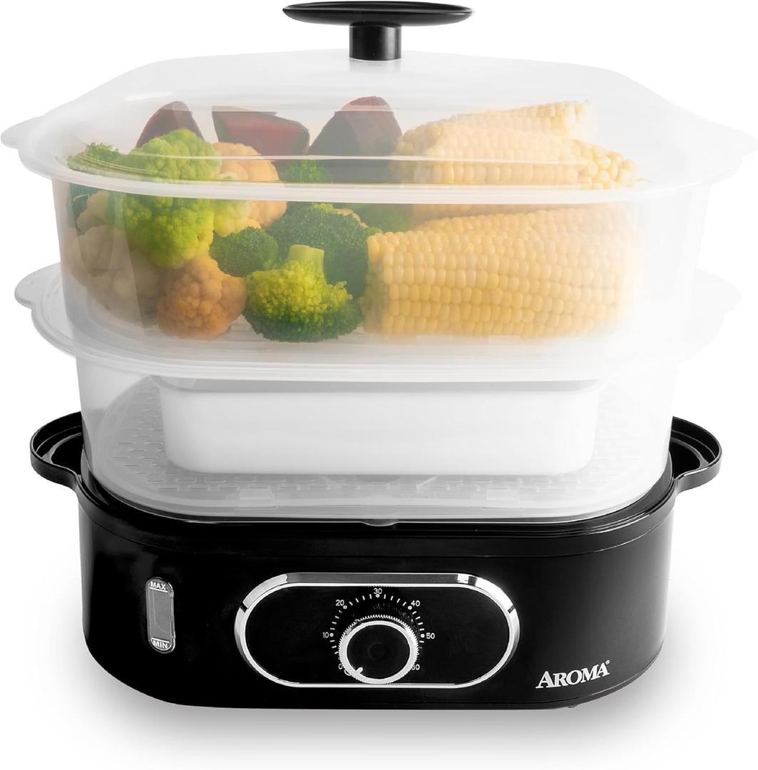 AROMA Double Food Steamer Basket and Electric Rice Steamer with Easy-Read Water Level and Timer