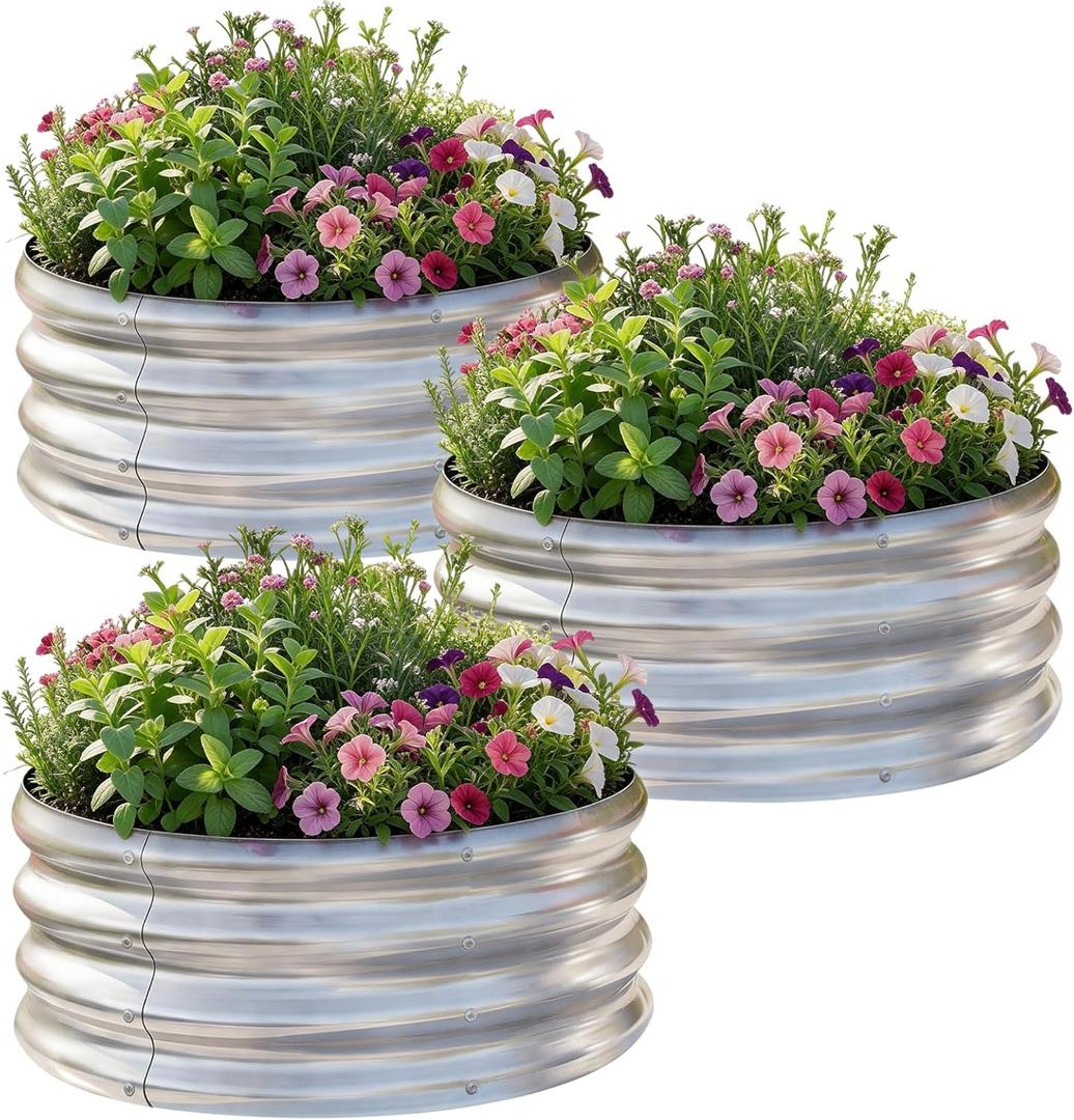 AHEONLAR 3Pack 2x2x1 ft Round Galvanized Raised Garden Bed Kit Round Metal Flower Box Large Planter Raised Beds Outdoor Garden for Planting,Fruit,Herb-Sliver