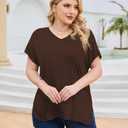 Florboom Tee Shirts Womens Short Sleeve Tops V Neck Plus Size Stretch Shirt Brown, 2XL