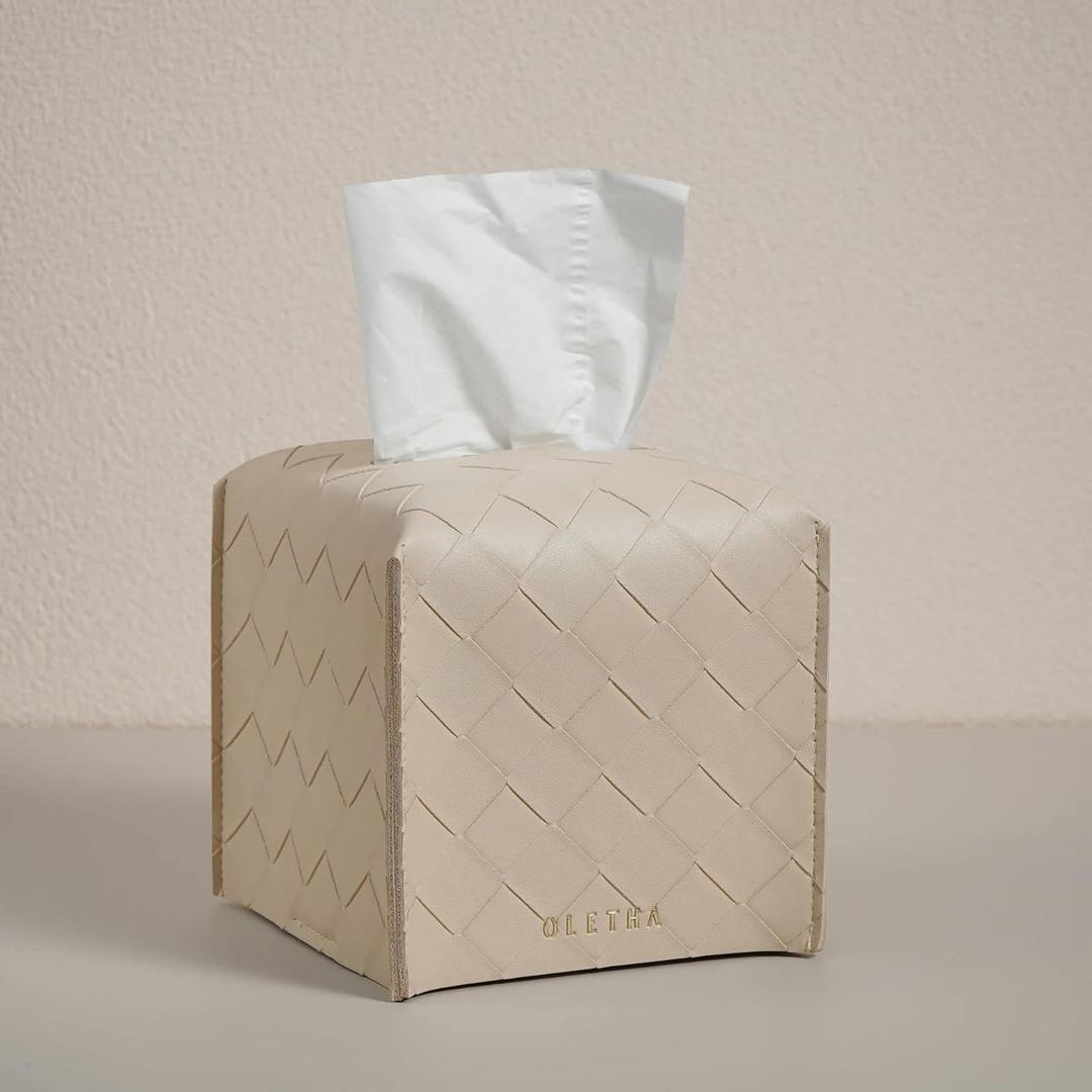 OLETHA Square Tissue Box Cover - Aesthetic Desk Decor for Room, Home & Office - Tissues Cube Boxes Holder - Woven Textured, Light Taupe