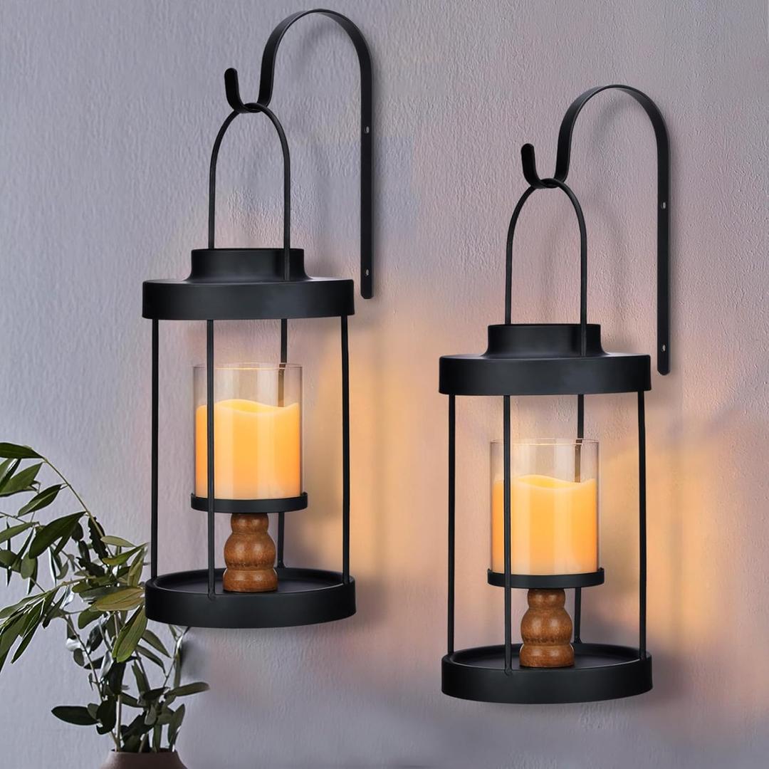 Metal Wall Sconce Candle Lantern Set of 2 - Black Wall Mounted Wood and Metal Hanging Holder with Glass & Candles Vintage Wall Decor for Porch, Living Room, Dining Room, Bedroom Indoor Decor (Round)