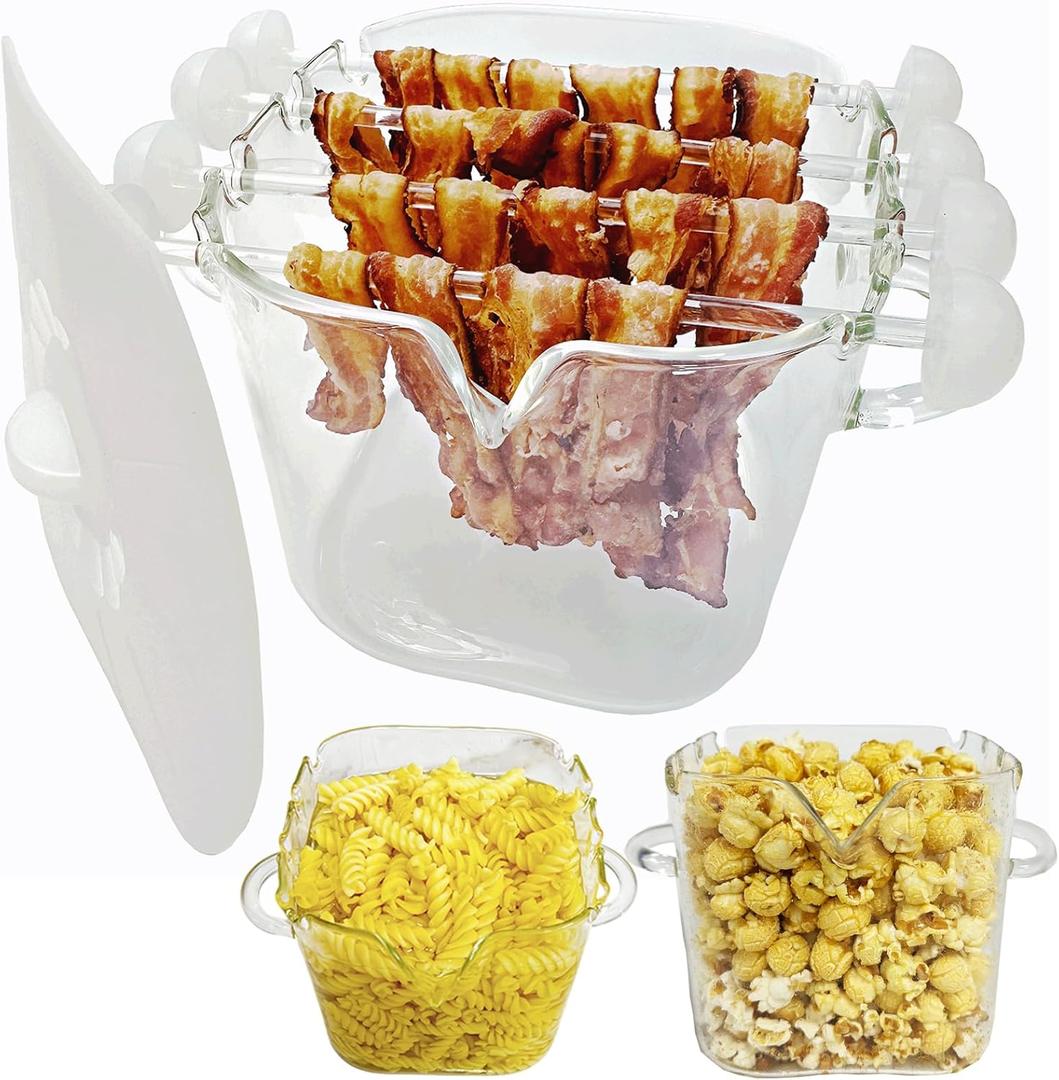 Glass Microwave Bacon Cooker, Microwave Popcorn Popper, 100oz Glass jar with Silicone Lid, Ramen Noodle Bowl and Vegetable Steamer, with Removable Glass skewer, Make 16pcs bacon one time