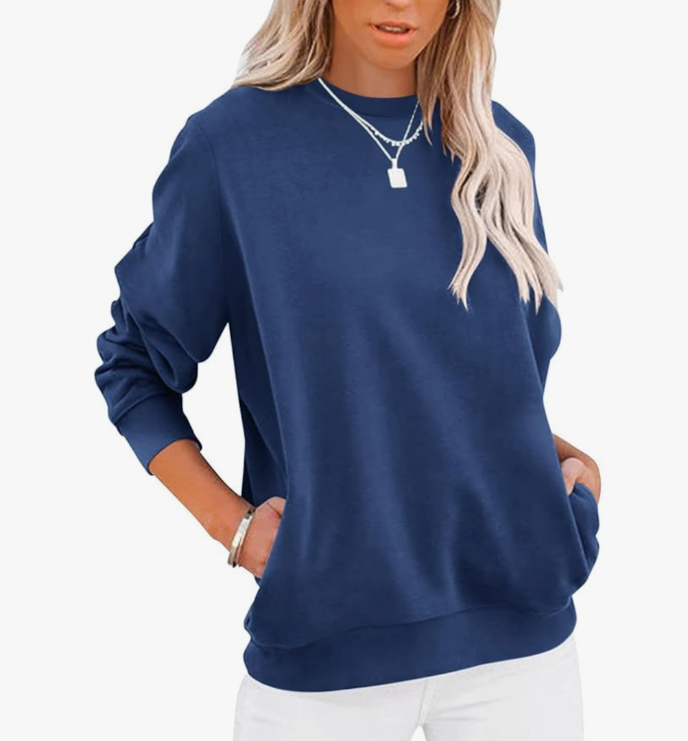 TICTICMIMI Women's Casual Long Sleeve Color Block/Solid Tops Crewneck Sweatshirts Cute Loose Fit Pullover with Pockets, M