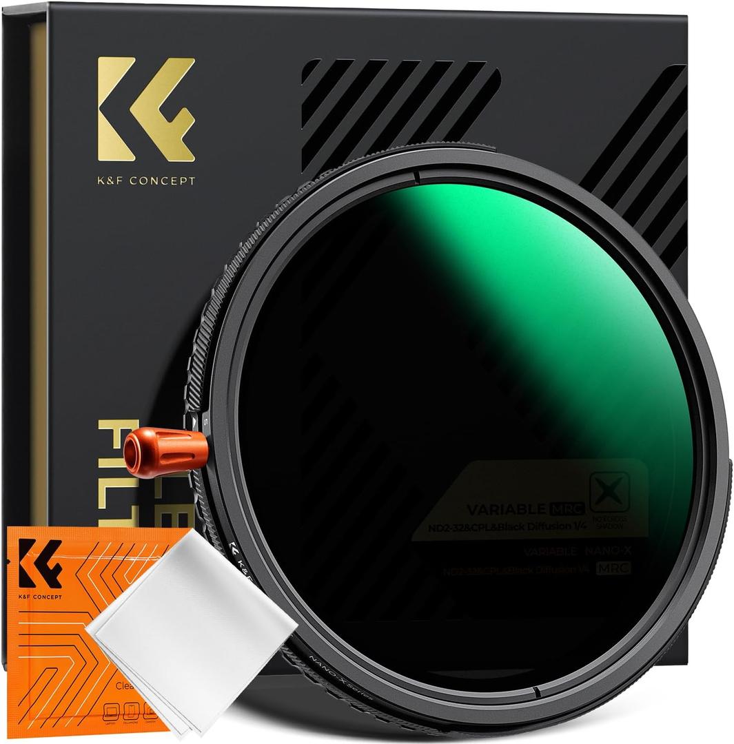 K&F CONCEPT 77mm Black Diffusion Mist Effect 1/4 & Variable ND2-32(1-5 Stops) & Circular Polarizing Filter CPL-in 1 HD Lens Filter with 28 Multi-Coatings for Camera Lenses (Nano-X Series)