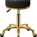 Rolling Stool Gold Vanity Stool with Wheels, Pedicure Massage Roller Stools, PU Leather Round Swivel Salon Spa Chair, Titanium Gold Base, Height Adjustable 43-55 cm (Black)