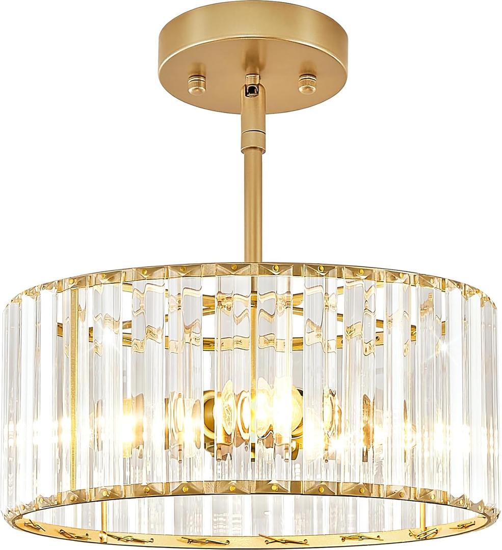 Gold Crystal Chandelier, Small Modern Semi Flush Mount Ceiling Chandelier Light Fixtures, Round Hanging Lighting Fixture for Kitchen Bedroom Hallway Entryway Laundry Room, 3-Light, 11.8 Inch (11.8 inch, Gold)
