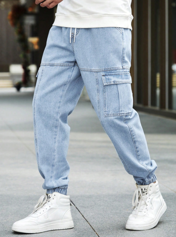 Manfinity Homme Loose Fit Men's Cotton Flap Pocket Side Jogger Jeans Going Out Hang Out Work College Work, Light Blue, XL