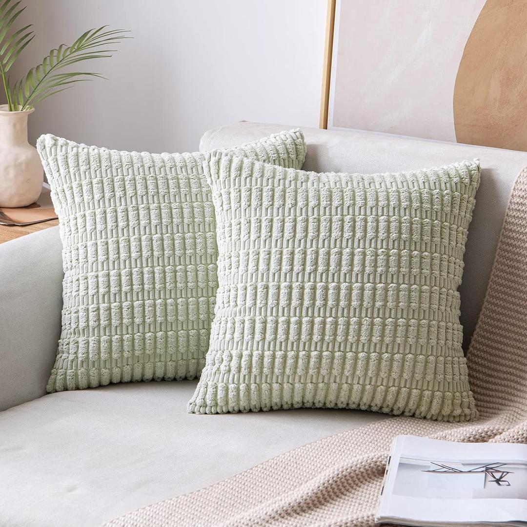 MIULEE Pack of 2 Corduroy Decorative Throw Pillow Covers 20x20 Inch Soft Boho Striped Pillow Covers Modern Farmhouse Home Decor for Sofa Living Room Couch Bed Light Green (20" x 20" (Pack of 2))