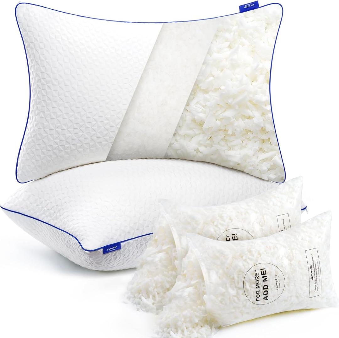viewstar Shredded Memory Foam Pillows Queen Size Set of 2, Adjustable Firm Pillows for Side Back Stomach Sleepers, Washable Removable Cover