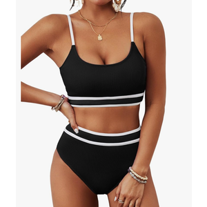 BMJL Women's High Waisted Bikini Ribbed Two Piece Swimsuit High Cut Color Block Adjustable Straps Bathing Suit M