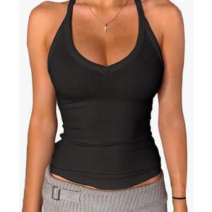 Danysu V Neck Racer Back Tank Tops for Women Padded Fitted Long Basic Cami Ribbed, No See Through, Removable Pads, Stretchy Sexy Everyday Tank, Workout Casual Shirt, Y2K Cute Summer Going Out Tops, Size XS