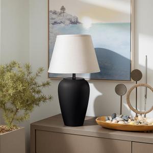 YEPDIN Ceramic Pot Table Lamp 21.25 inch Compact Frosted Nightstand Lamp, Tapered Fabric Shade Bedside, Ceramic Decorative for Living Room Bedroom House Office Entryway, TL3