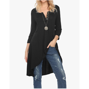 Naggoo Women's 3/4 Sleeve Button V Neck High Low Loose Fit Casual Long Tunic Tops Tee Shirt XL