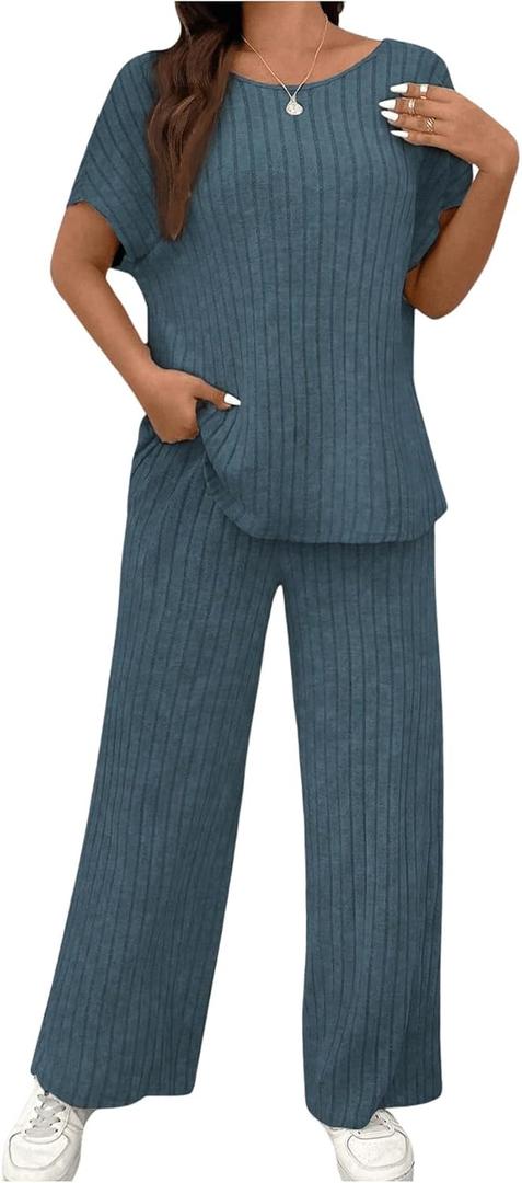 SOLY HUX Women's 2 Piece Summer Outfits Short Sleeve T Shirt Tops and Pants Set, T-Shirt 24" inch length, Pants 38" inch length