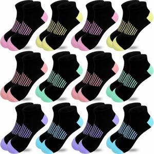 JAMEGIO 12 Pairs Girls Ankle Socks - Running, Athletic, Low Cut Socks for Little to Big Girls (5-7 Years, 12 Pairs Black(6 Colors))