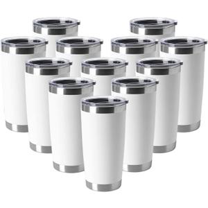 HASLE OUTFITTERS 20oz Tumblers Stainless Steel Mugs with Lid Double Wall Vacuum Insulated Coffee Cups for Cold & Hot Drinks (20oz-White, 12 Pack)