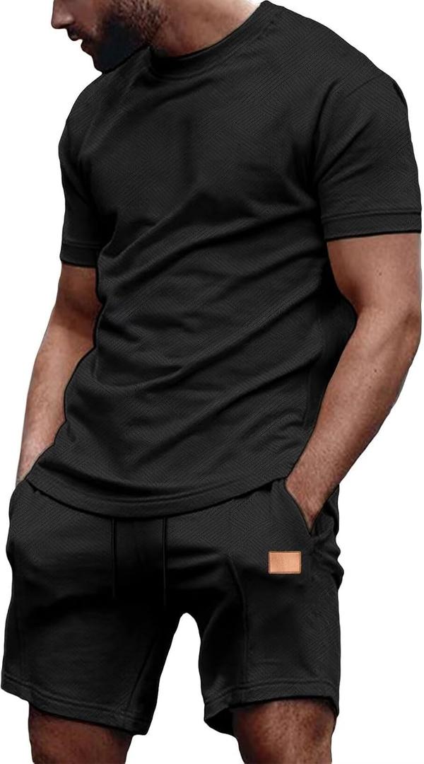 JMIERR Men's 2 Piece Outfit Anti-wrinkle T Shirts and Shorts Summer Beach Vacation Lounge Workout Pajamas Short Sleeve Sets (Black, XXL)