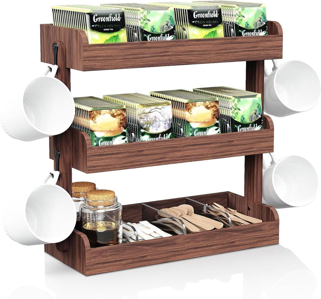 3 Tier Tea Bag Organizer - Wall-Mounted Holder with Partitions, 4 Hooks, Wooden Tea Box for Office, Kitchen, Cabinet, Pantry