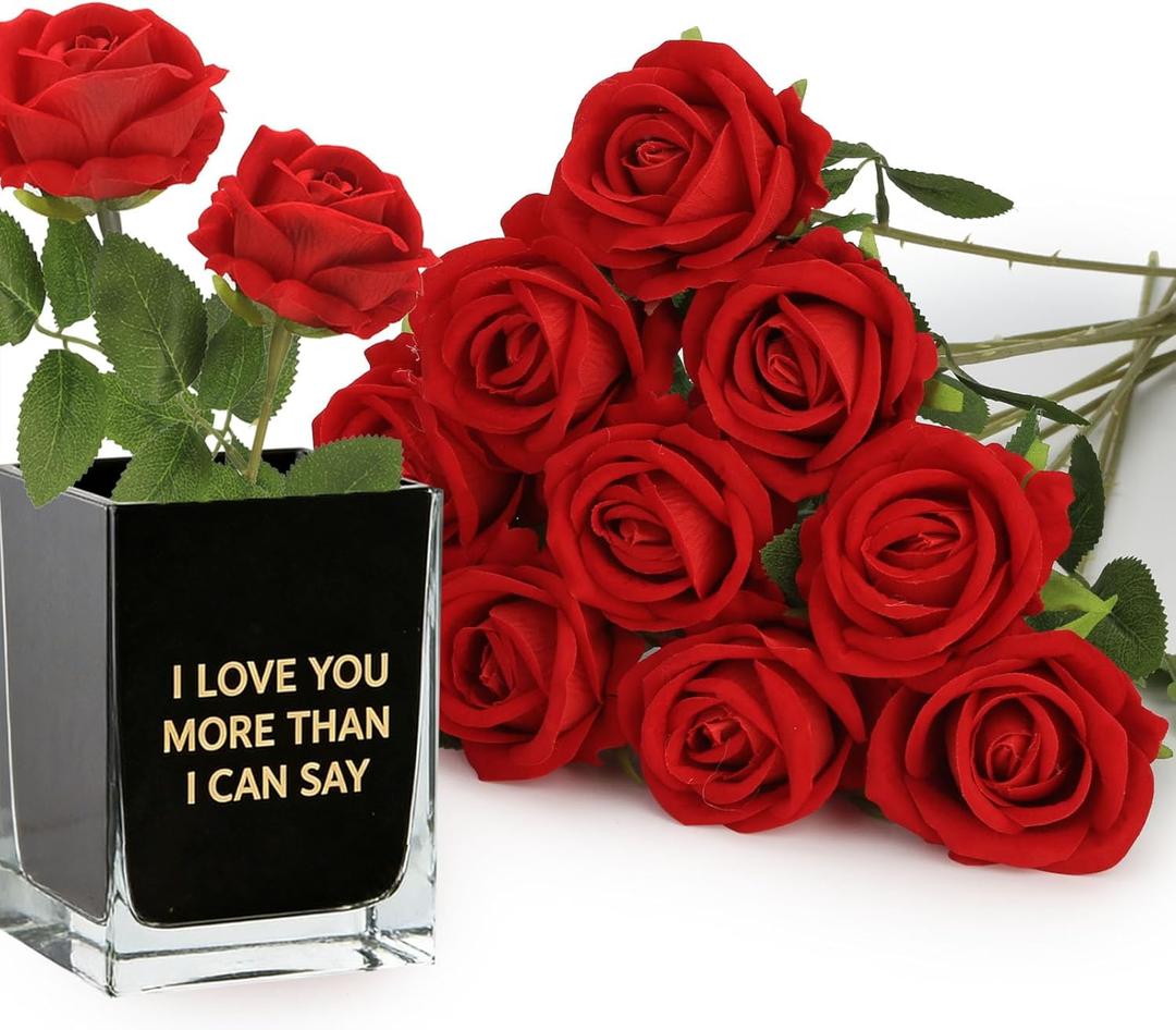 Roses Artificial Flowers, Fake Silk Roses with Stems for Valentine's Day Mother's Day Christmas, Indoor Outdoor Decor Wedding Anniversary Birthday Party Decor, Gift for Her(12, Red)