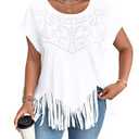 SHENHE Women's Plus Size Tops Fringe Rhinestone Cowgirl Short Sleeve Crew Neck Shirts Casual Soft Blouse White 4X-Large Plus
