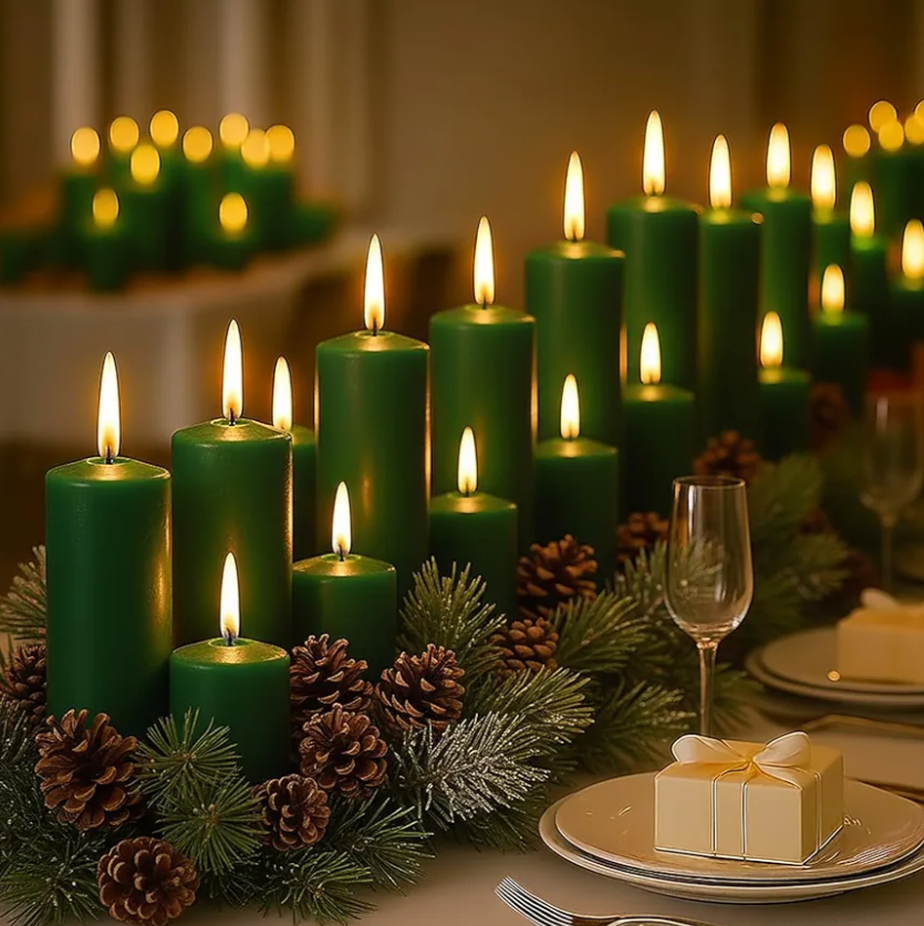 18 Pcs Green Pillar Candles Bulk Set，Hurricane Candles，3 Different Lengths (6 Each)，Dripless Unscented Smokeless，Gives You a Better Atmosphere When Organizing Wedding or Event Party