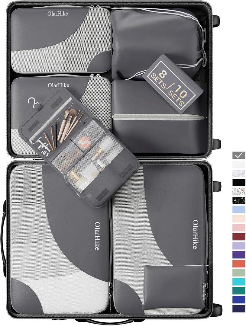 OlarHike 8 Set Packing Cubes for Travel, Sturdy Suitcase Organizer in 4 Sizes (Extra Large, Large, Medium, Small), OlarHike Luggage Cubes with Toiletry Bag, Cruise Ship Gifts for Men (Grey) (8 set (Short-Term Trip))