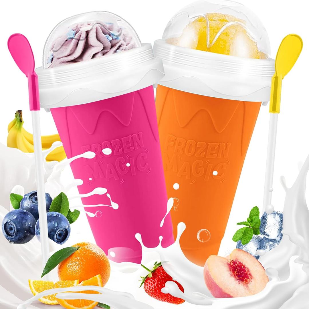 FANS-ONE Slushie Cup, 2 Pack Frozen Magic Slushy Cup, Reusable Slushie Maker Cup for Juice Yogurt Ice Cream Make, DIY Slushy Maker Cups with Lid & Straw Cool Stuff for Boys Girls Teen (Pink+Orange)