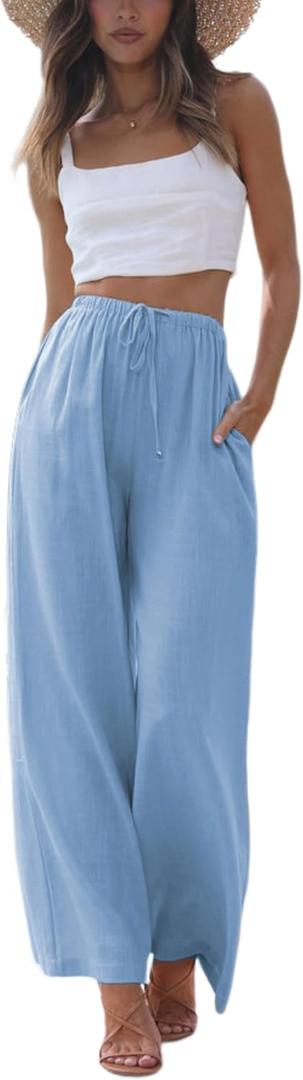 Faleave Women's Cotton Linen Summer Palazzo Pants Flowy Wide Leg Beach Trousers with Pockets (Large)