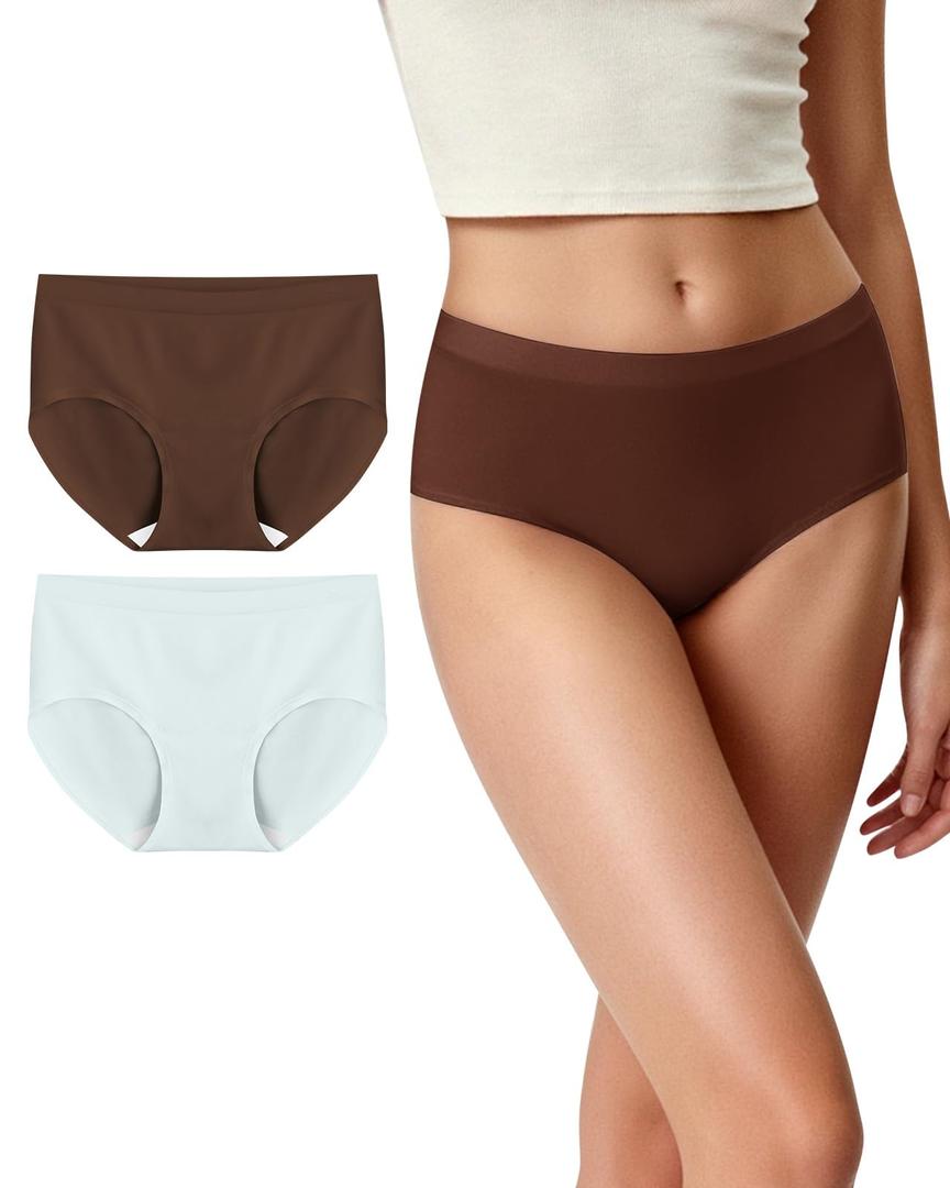 USEASY Seamless Underwear for Women Cotton Crotch Underwear Breathable No Show Panties 2 Pack Sculpted Brown/Sea Salt Blue F (Blue)
