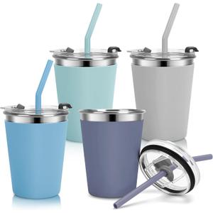 Kids Cups with Straws and Lids Leak Proof, 12oz Sippy Cups for Toddlers 1-3, Spill Proof Cup Stainless Steel Kids Cups with Lids for Home School, Outdoor, 4 Pack (Blue,Green,Gray,Purple)