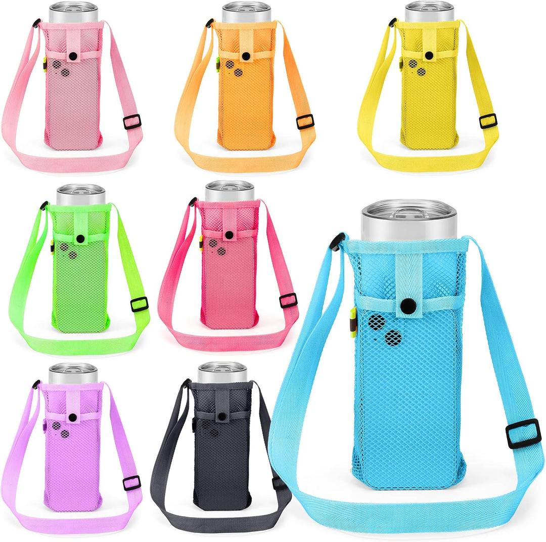 Tessco 8 Pcs Water Bottle Sling Holder with Adjustable Shoulder Strap Water Bottle Mesh Carrier Bag Sleeve Pouch Holder for Walking Sports (7.4 x 3.5 Inch, Bright Colors)