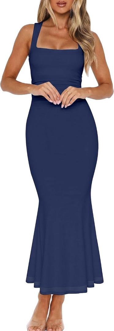 BORIFLORS Women's Square Neck Ruched Bodycon Maxi Dress (Blue, L)