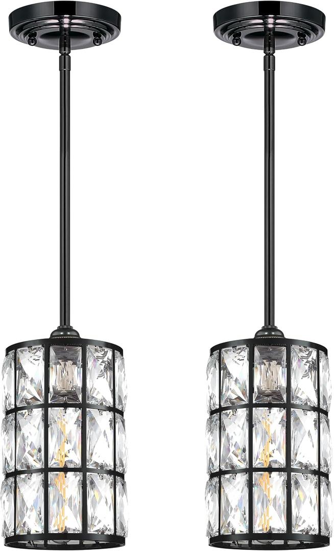2 Pack 1 Light Hanging Kitchen Island Modern Crystal Pendant Light Fixture Black Finish Crystal Shade for Bar,Dining Room,Corridor,Living Room Over Sink