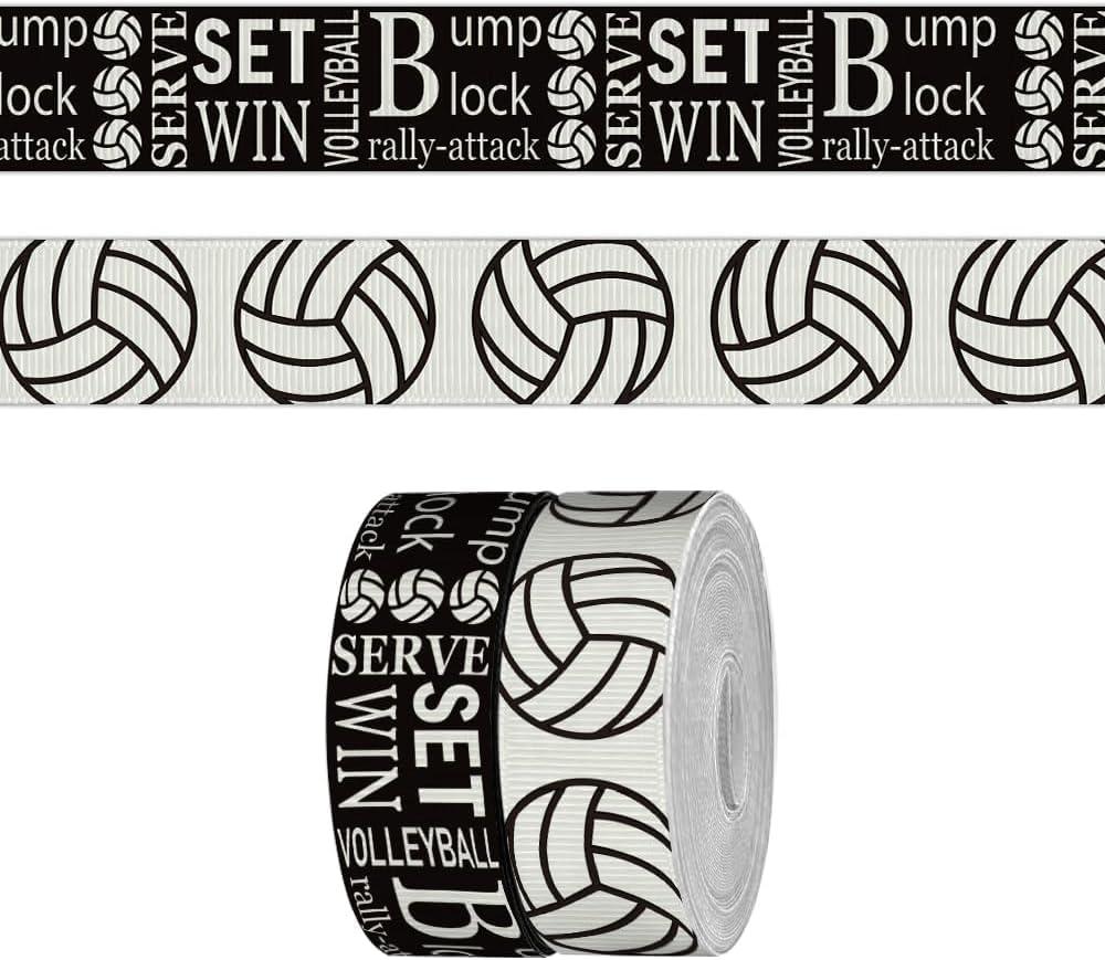 2 Rolls 5 Yards Sports Volleyball Ribbon for Crafting Sewing, 7/8 Inch Black White Grosgrain Ribbons for Gift Wrapping, Track Field Balls Ribbons for Hair Bow Cheerleader Accessories