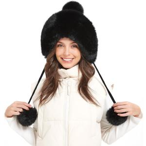Winter Hats Cute Kint Hat Russian Fur Crochet Hat Slouchy Beanies with Pompom Warm Fuzzy Snow Cap Trapper Hat for Women (Black)
