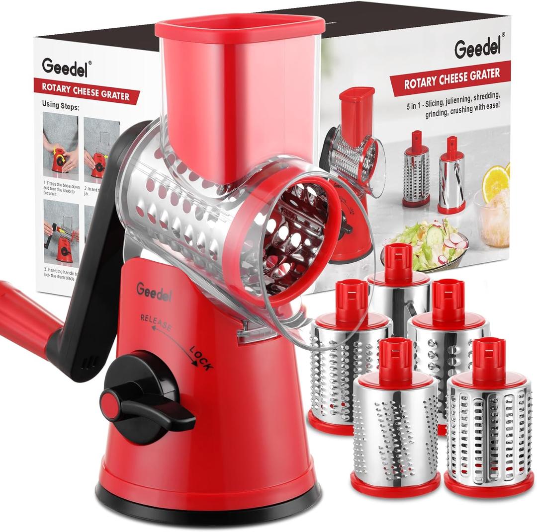 Geedel Rotary Cheese Grater Cheese Shredder - Upgraded 5-in-1 Cheese Grater with Handle and Strong Suction Base, Multi-purpose Vegetable Slicer Ice Shaver Nuts Grinder for Ice, Vegetables, Fruit, Nuts (Red)