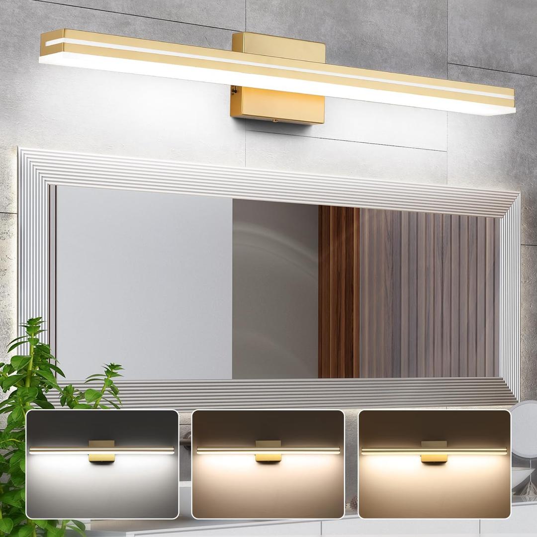 SineRise LED Modern Bathroom Vanity Light Fixtures (32-Inch, 3000K/4000K/6000K, Dimmable), Brown Wood Painted Modern Acrylic Bathroom Wall Lighting Fixtures Over Mirror
