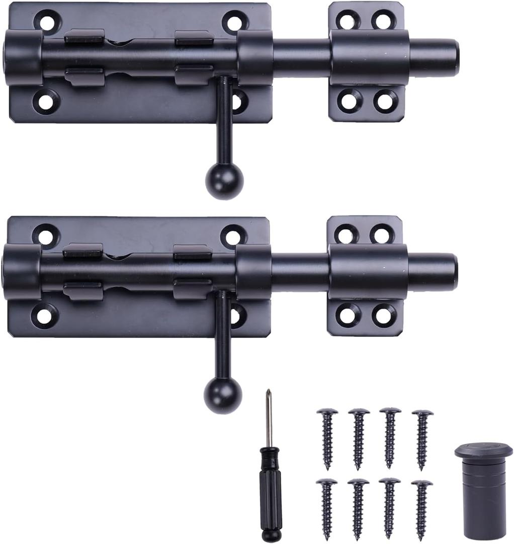 Barrel Bolt Latch, 6.3" Heavy Duty Gate Latch Slide Lock Solid 304 Stainless Steel Bolt Lock for Inside Door, Black Finished Shed Door Latch(2 Pack)