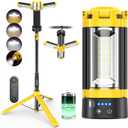 OGERY Camping Lights with Remote, 18000mAh Rechargeable Camping Lantern & LED Work Light, Detachable Tripod Stand up to 6.0 ft, 3 Lamp Heads for Camping Essentials & Emergency, Yellow